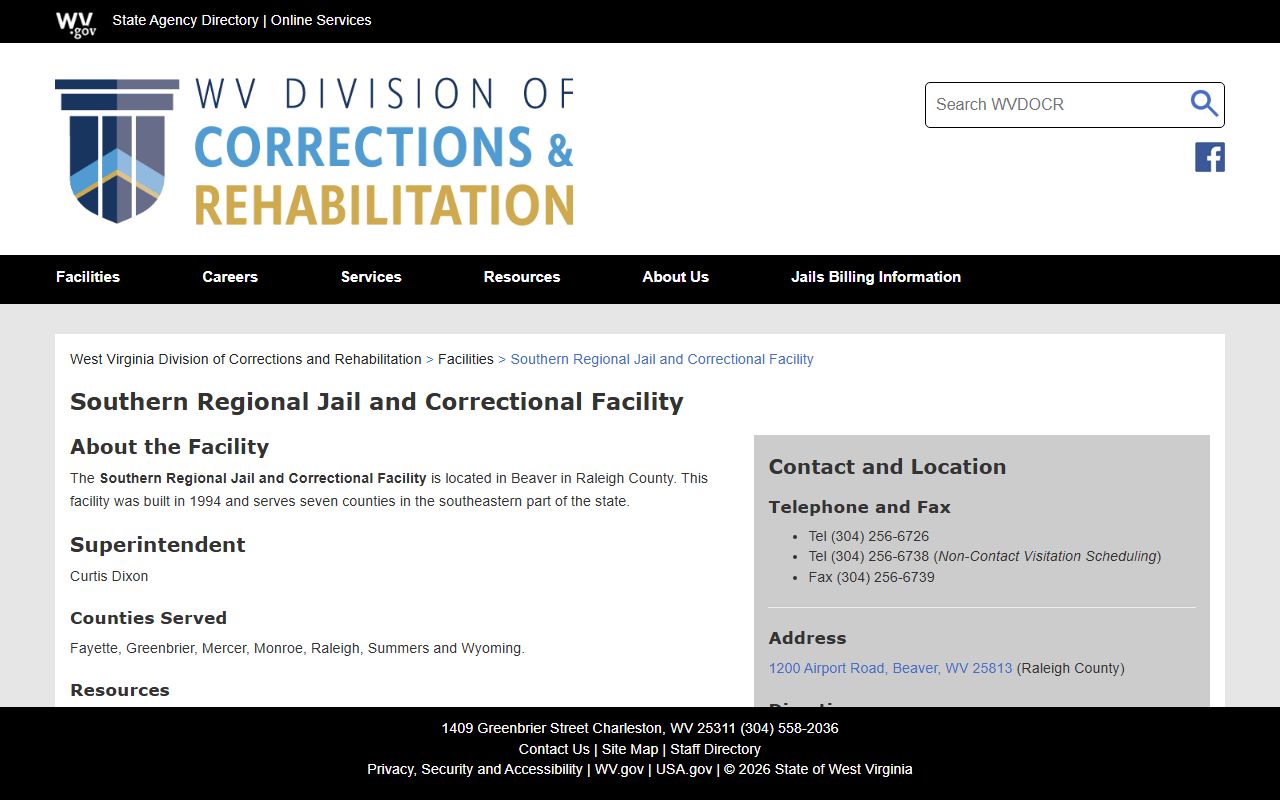 WVDCR Southern Regional Jail facility page with contact and visitation information