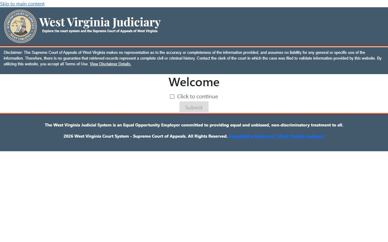 West Virginia Magistrate Case Record Search disclaimer and captcha entry page