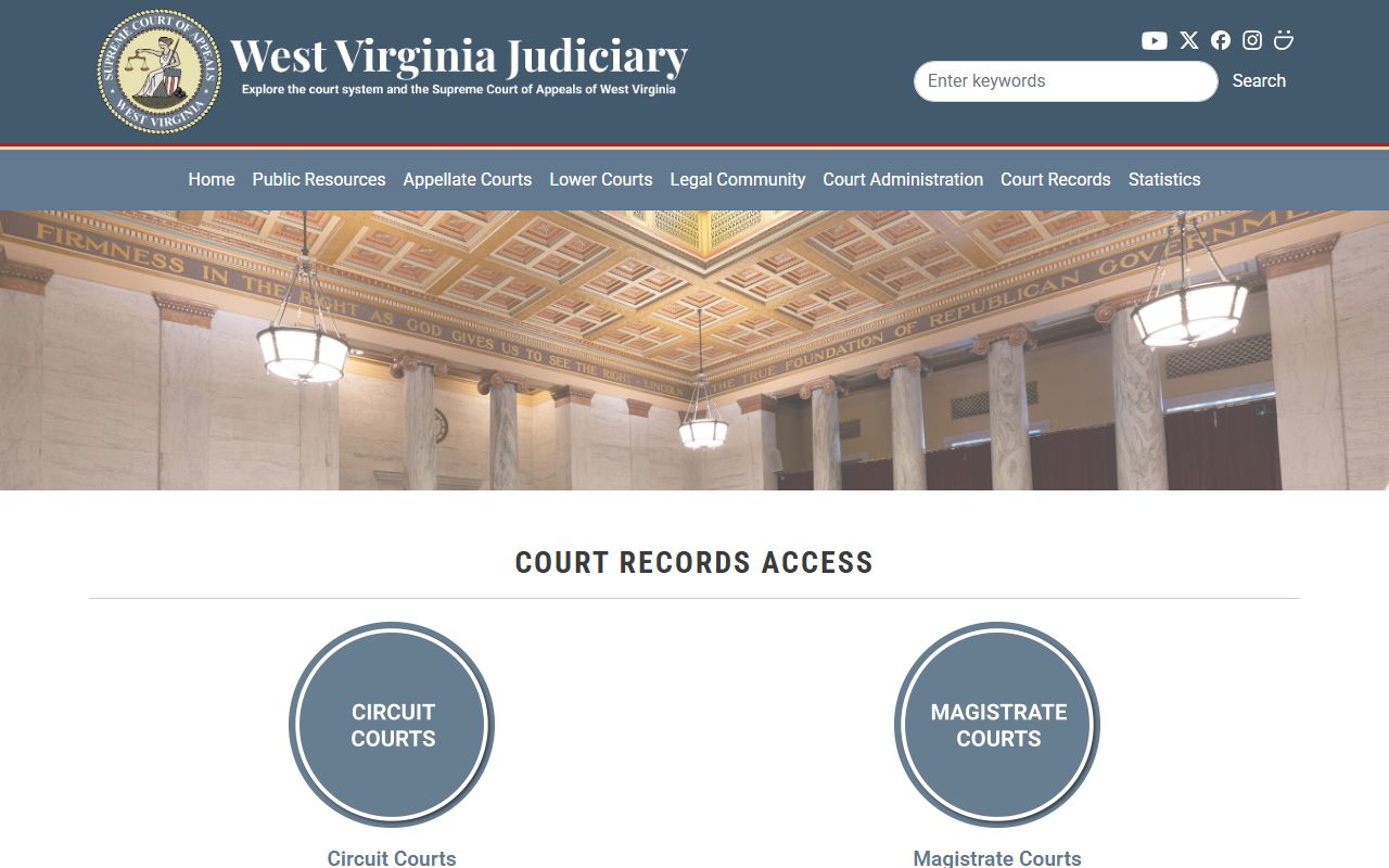 West Virginia Judiciary court record access page with circuit and magistrate search links