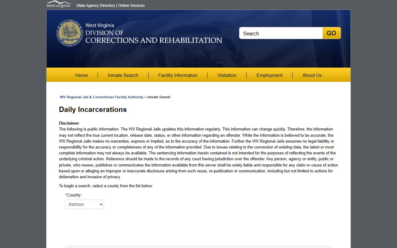 WV Daily Incarcerations page with county and institution admission search paths