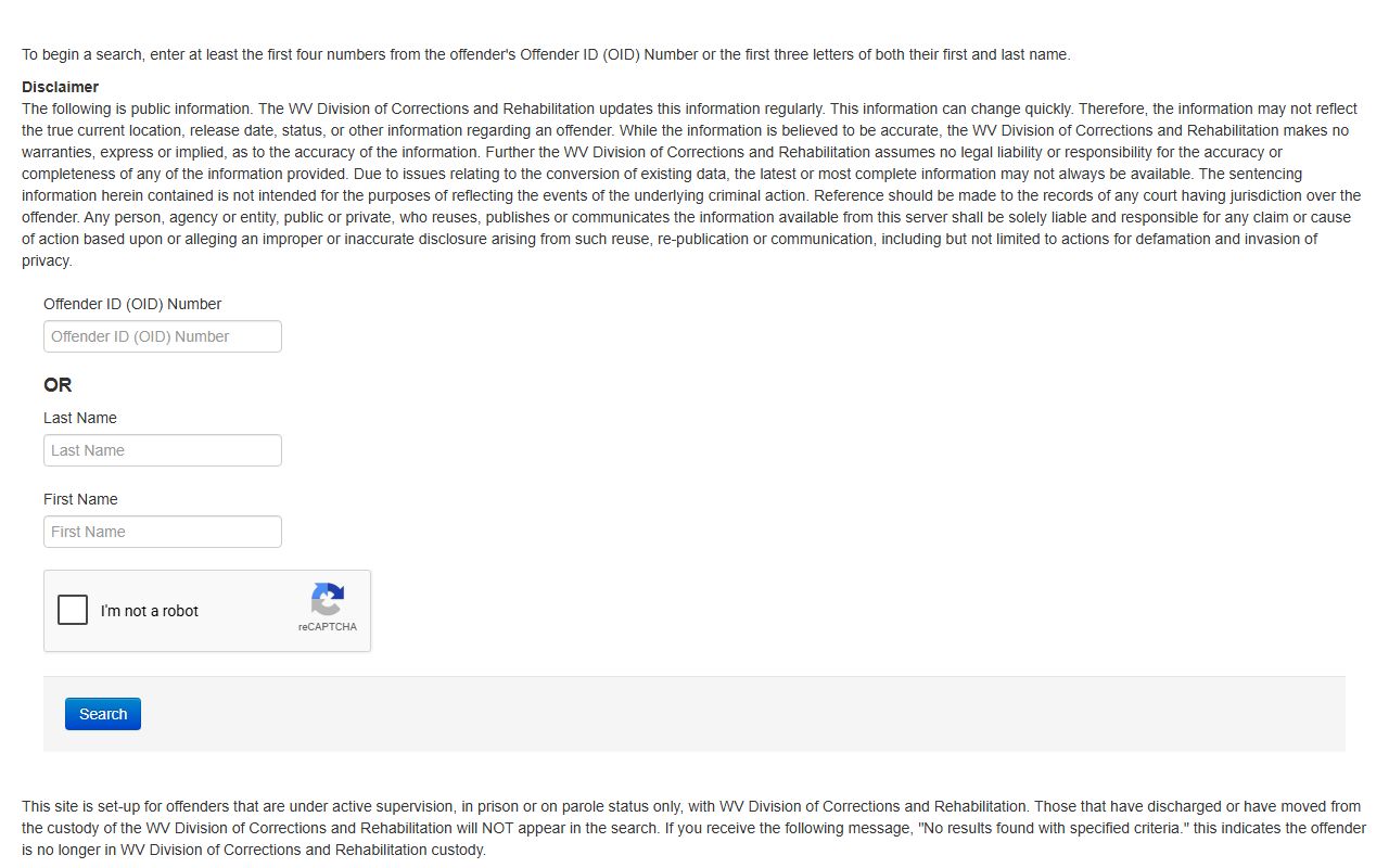WVDCR prison offender search form for state custody and supervision lookup