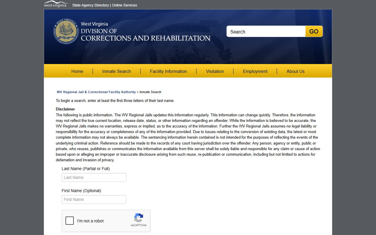 Fayette County inmate search WV regional jail offender search form